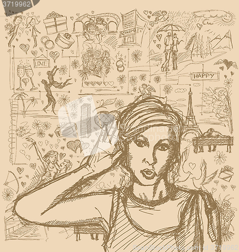Image of Sketch Woman Overhearing Something Against Love Story Background