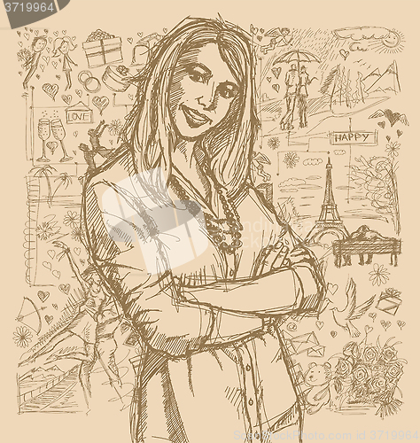 Image of Sketch Woman With Crossed Hands Against Love Story Background