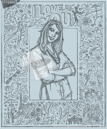 Image of Sketch Woman With Crossed Hands Against Love Story Background