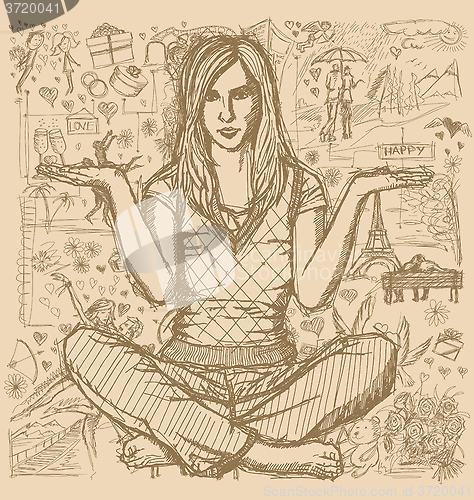 Image of Woman In Lotus Pose Against Love Story Background