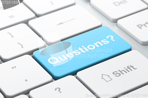 Image of Education concept: Questions? on computer keyboard background