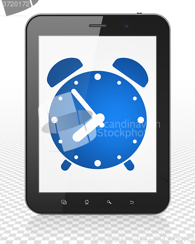 Image of Timeline concept: Tablet Pc Computer with Alarm Clock on display