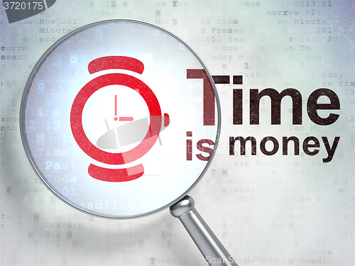 Image of Time concept: Hand Watch and Time Is money with optical glass
