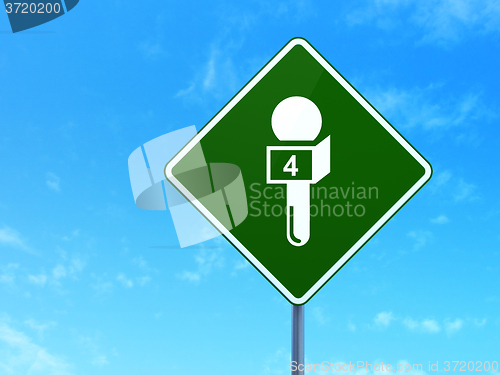 Image of News concept: Microphone on road sign background