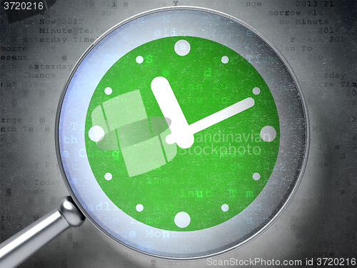 Image of Timeline concept: Clock with optical glass on digital background