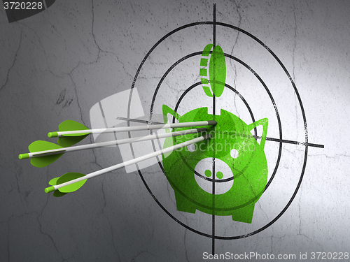 Image of Banking concept: arrows in Money Box With Coin target on wall background