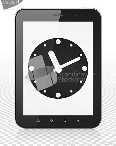 Image of Timeline concept: Tablet Pc Computer with Clock on display