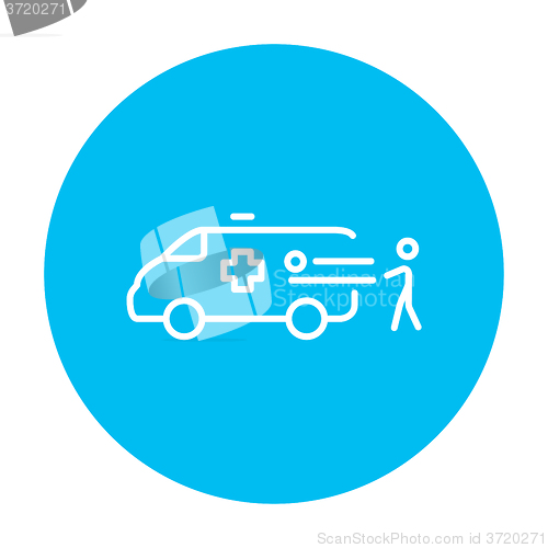 Image of Man with patient and ambulance car line icon.