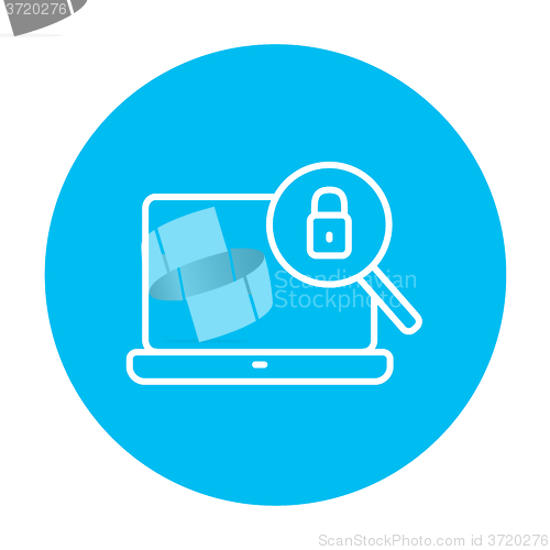 Image of Laptop and magnifying glass line icon.