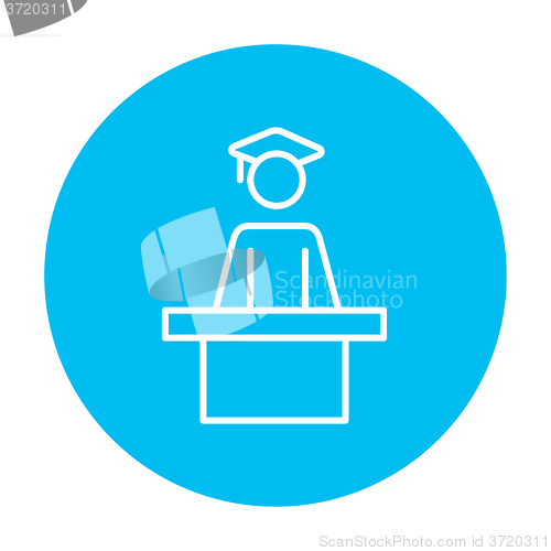 Image of Graduate standing near tribune line icon.