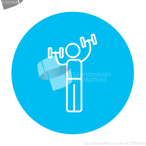 Image of Man exercising with dumbbells line icon.