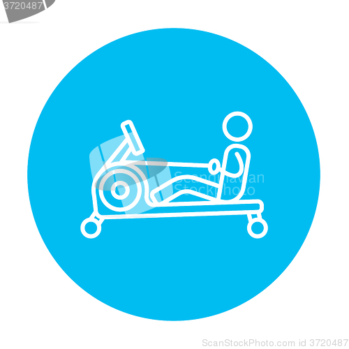 Image of Man exercising with gym apparatus line icon.