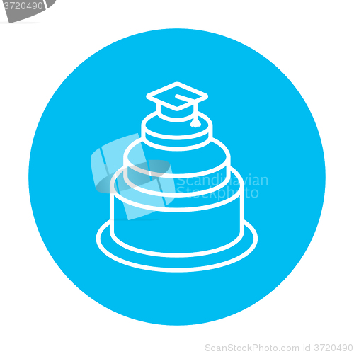 Image of Graduation cap on top of cake line icon.