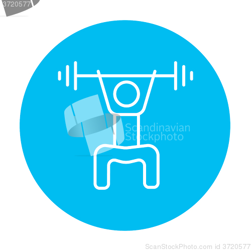 Image of Man exercising with barbell line icon.