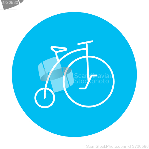Image of Old bicycle with big wheel line icon.