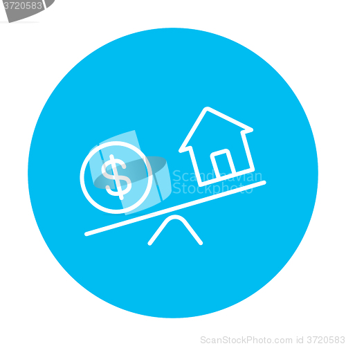 Image of House and dollar symbol on scales line icon.