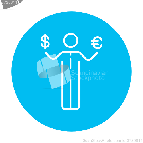 Image of Businessman holding Euro and US dollar line icon.