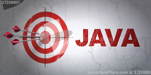 Image of Software concept: target and Java on wall background