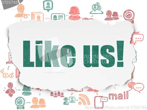 Image of Social network concept: Like us! on Torn Paper background