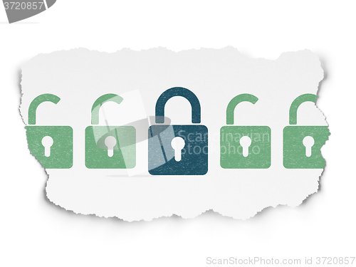 Image of Security concept: closed padlock icon on Torn Paper background