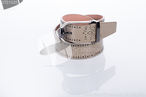 Image of beige leather Women\'s belt with rhinestones