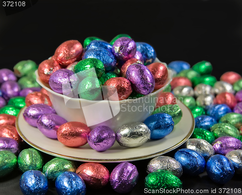 Image of overflowing bowl and plate of easter eggs on black