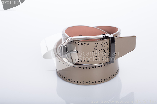 Image of beige leather Women\'s belt with rhinestones