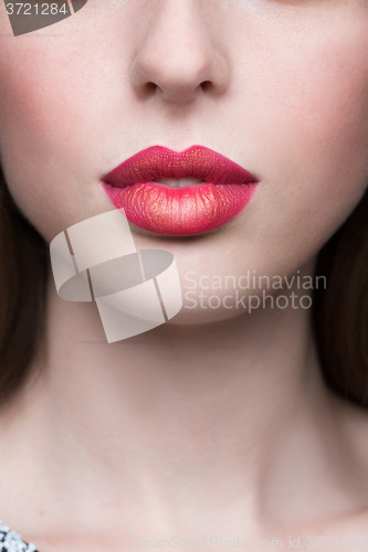 Image of Sexy Lips. Beauty Red Lip Makeup Detail. 