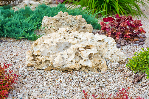 Image of Flowerbed with stones and bushes as a decorative elements.