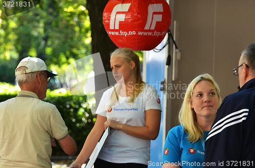 Image of Norwegian Progress Party (FrP) campaign stand
