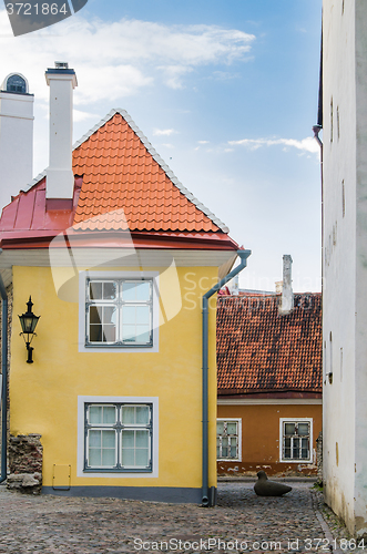 Image of Narrow street in the Old Town of Tallinn with colorful facades, 