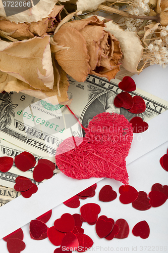 Image of valentine concept with hearts, dry roses and