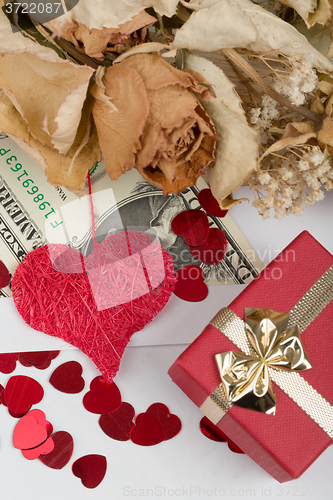 Image of valentine concept with hearts, dry roses and