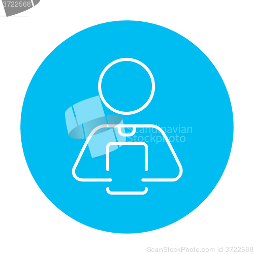 Image of Man holding digital tablet line icon.