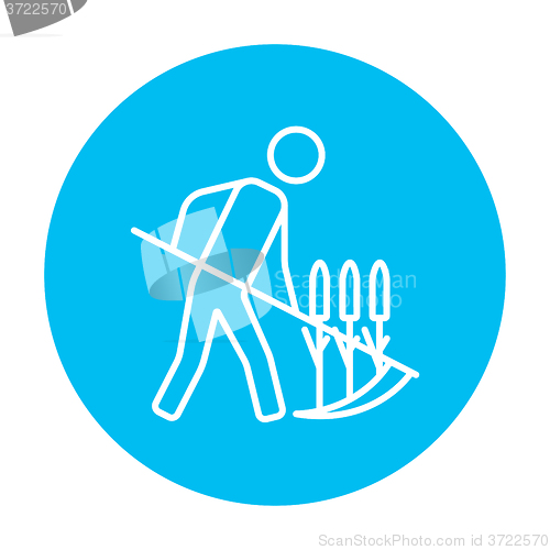 Image of Man mowing grass with scythe line icon.