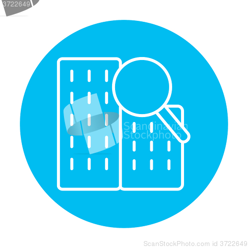 Image of Condominium and magnifying glass line icon.