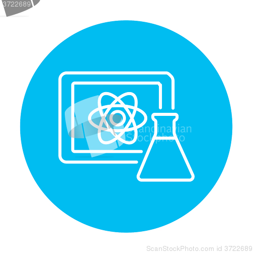 Image of Atom sign drawn on board and flask line icon.