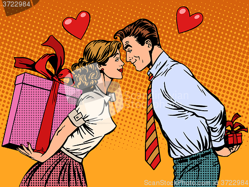 Image of Valentine day lovers man and woman with gifts