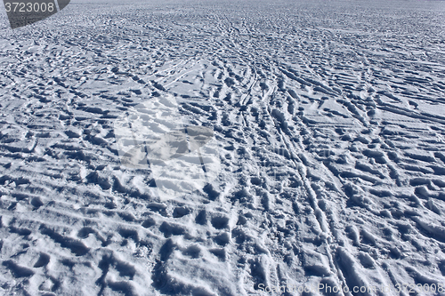 Image of Footprints on snowy surface of frozen pond