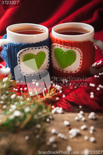 Image of Two warm cups of tea or coffee with heart for Valentine\'s day