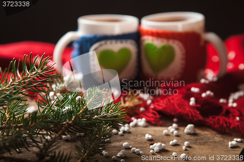 Image of Two warm cups of tea or coffee with heart for Valentine\'s day