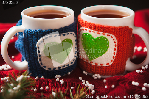 Image of Two warm cups of tea or coffee with heart for Valentine\'s day