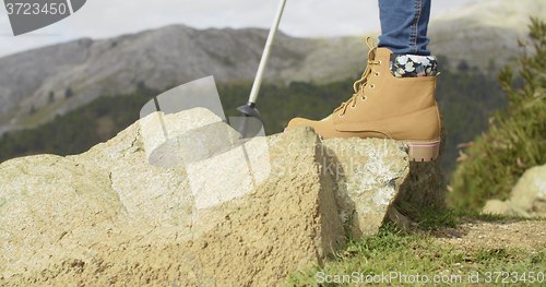 Image of Person in hiking boots at the mountains