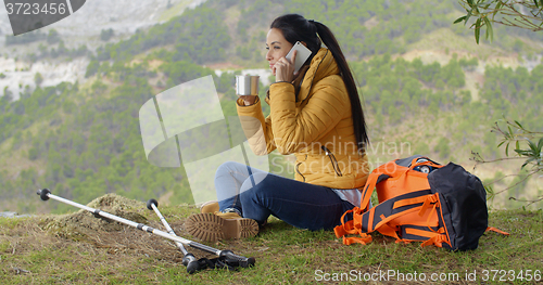 Image of Happy backpacker on phone and waving hand