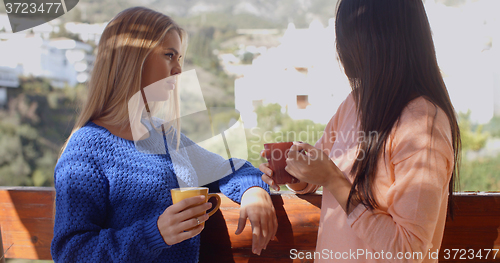 Image of Young women chatting on an open-air patio