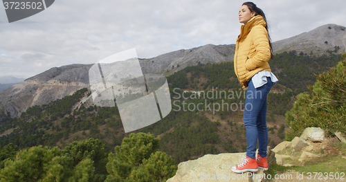 Image of Woman in yellow coat near mountain valley
