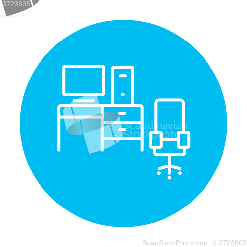 Image of Computer set with table and chair line icon.