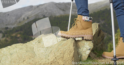 Image of Person in hiking boots at the mountains