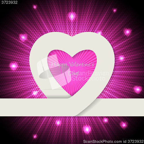 Image of Pink valentine day greeting card with heart ribbon