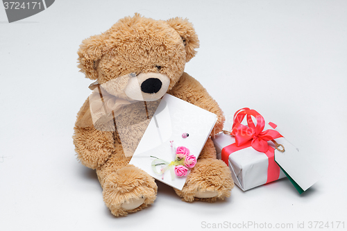 Image of Teddy Bears couple with red heart. Valentines Day concept.
